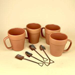 SET of 4: 4 Flower Pot Mugs + 4 Shovel Spoons